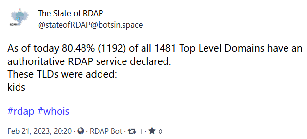 Screenshot of a post of @stateofRDAP, saying that &ldquo;As of today 80.48% (1192) of all 1481 Top Level Domains have an authoritative RDAP service declared. These TLDs were added: .kids #RDAP&rdquo;