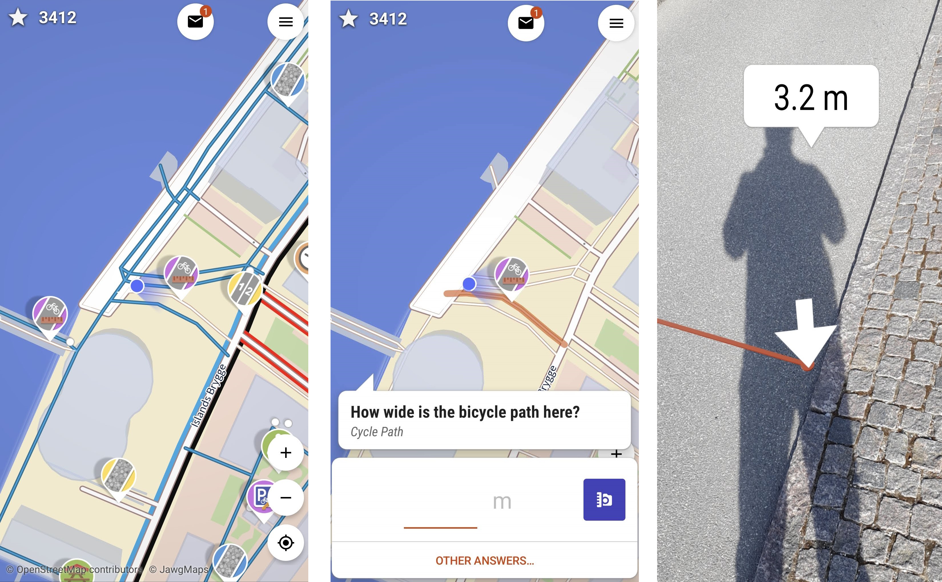3 screenshots: 1. showing a map with pins, 2. a selected pin with the question &ldquo;How wide is this bicycle path here?&rdquo;, 3. an Augmented Reality picture helping to measure the path