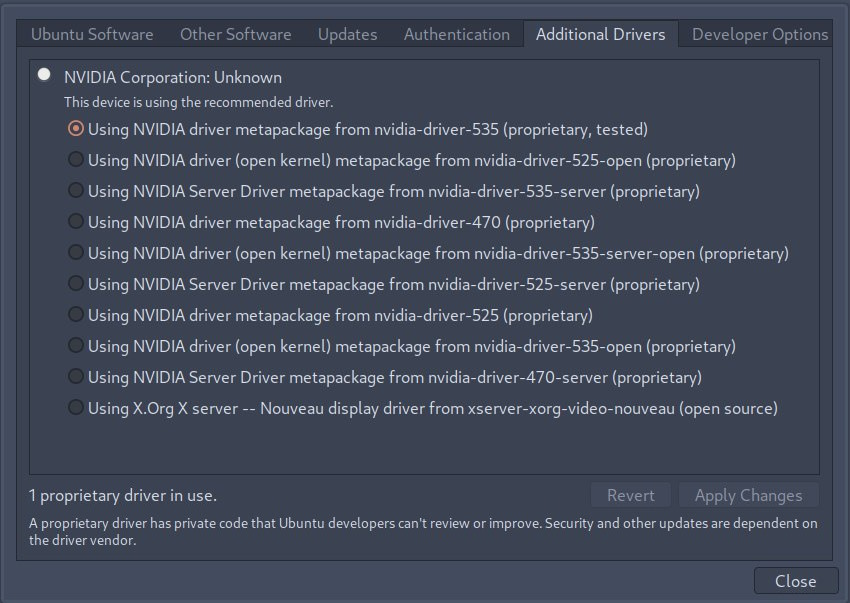 Screenshot of the &ldquo;Additional Drivers&rdquo; program showing a list of possible proprietary Nvidia drivers